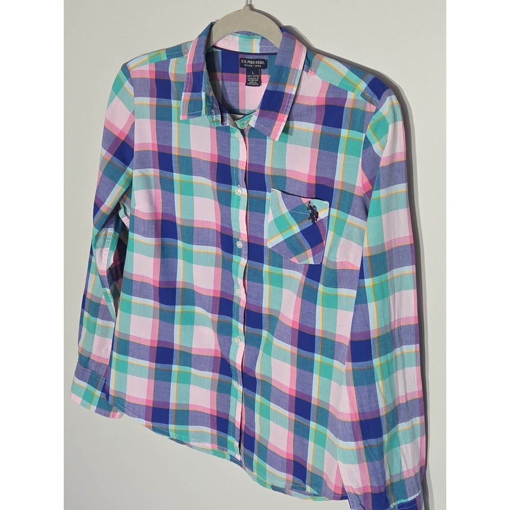 Junior's Large US POLO ASSN Shirt Pastel Plaid 100% Cotton Logo Button Up Summer - Picture 7 of 10